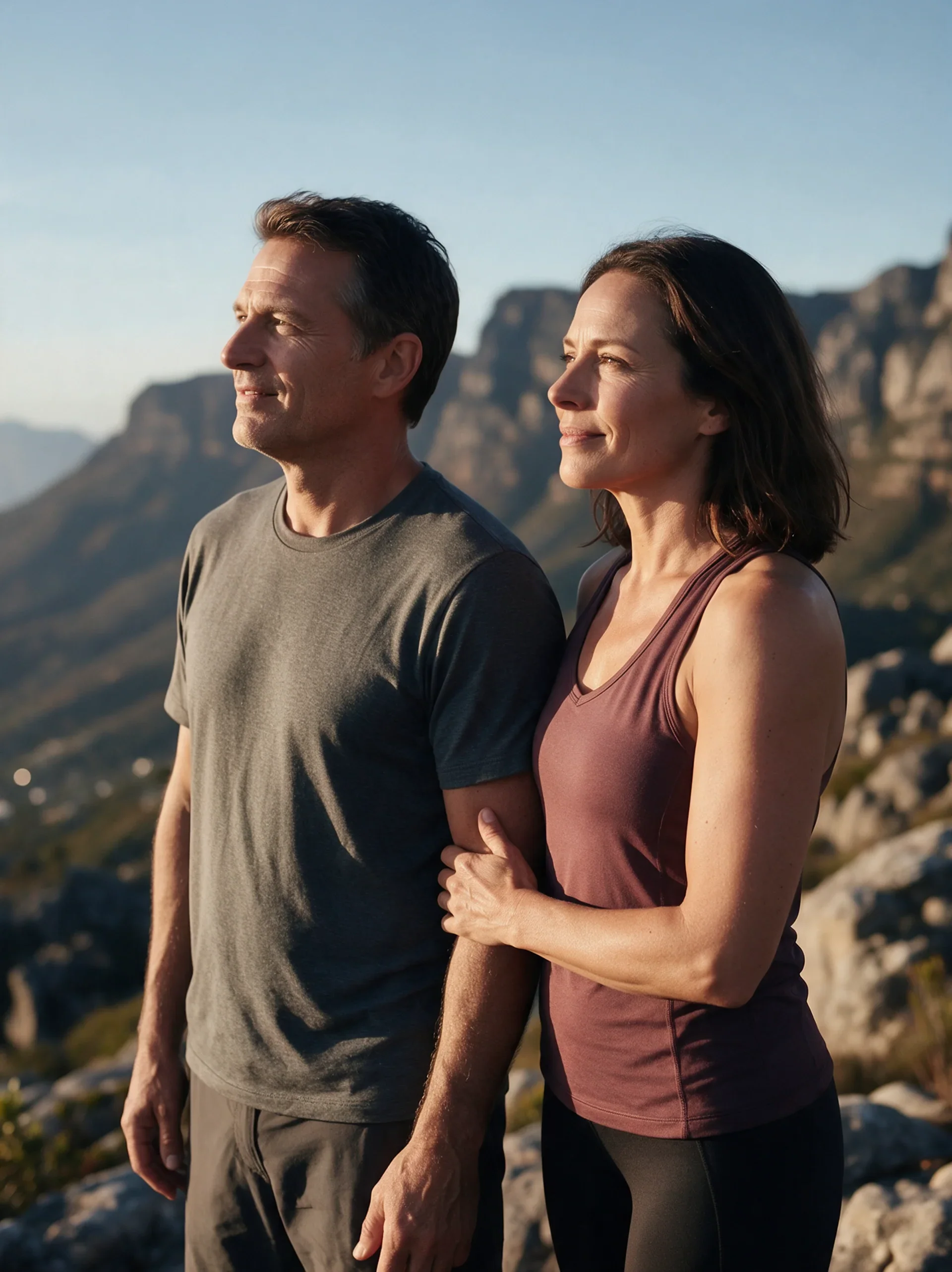 A couple standing together outdoors, at ease.